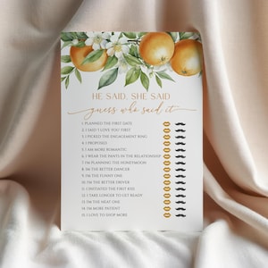 Orange Citrus He Said She Said Shower Game | EDITABLE Printable Tropical Flowers Template | Summer Bridal Brunch Activities