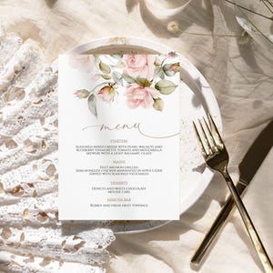 Menü sanfte Rose | EDITIERBARE Vorlage | Druckbare Blush rosa Rose Blumen Hochzeitsmenü | Brautbrunch, Baby Party, Geburtstag, Taufe