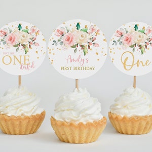 EDITABLE Blush Pink Floral Birthday Cupcake Toppers, First Birthday Template, Isn&#39;t She Onederful Decoration, Rose Flowers & Gold Girl Party