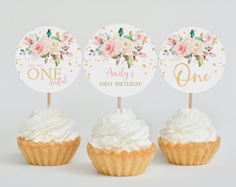 ブラッシュピンクの花柄1歳の誕生日カップケーキトッパー（編集可能なテンプレート）
