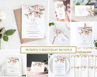 May include: A collection of birthday party stationery with a floral design. Includes invitations, a phone screen, place cards, a tag, a welcome sign, a custom sign, a thank you card, a menu, and birthday games. The text reads "70th Birthday" and "Women's Birthday Bundle."