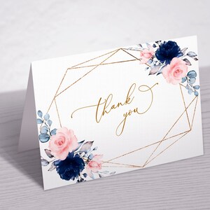 Blush Pink & Navy Floral Danke-Karte | Druckbare Dankeschön-Karte | Blaue Rose Blumen Dankes-Karte | Boho Babyparty | Geburtstag
