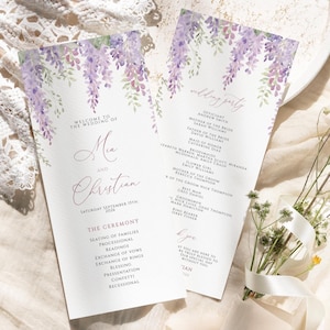 Elegante Lila Glyzinien-Blumen-Hochzeits-Programm | Bearbeitbare Vorlage | Boho druckbare Karte Lavendel Blumen | Kalligraphie | violett | Herunterladen