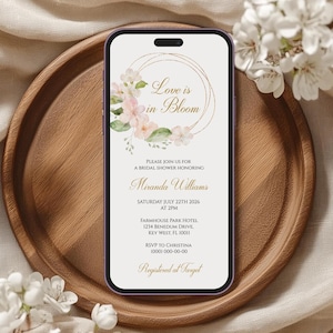 L'amour est en fleurs, l'invitation électronique de douche nuptiale | Téléchargement numérique modifiable | Fleur de pommier rose poudré | Modèle de message texte floral