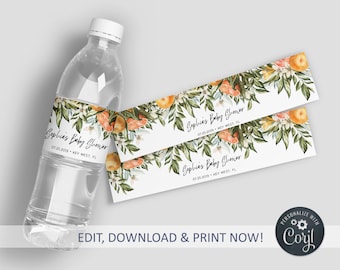 Citrus Bottle Label, EDITABLE, Orange Flowers Water Labels, Printable Birthday Template, Custom Water Bottle Label, Baby, INSTANT DOWNLOAD