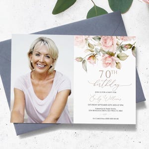 Bewerkbare sjabloon voor zachte roos verjaardagsuitnodiging | Floral Blush verjaardagsuitnodiging voor vrouwen | Afdrukbare foto verjaardagsuitnodiging | Elke leeftijd: