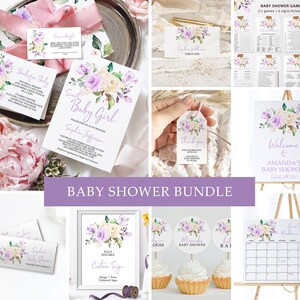 Lavender Baby Shower Invitation Bundle, EDITABLE Sweet Baby Girl Purple Flowers Template, Printable Shower Invitation and Games, Decorations