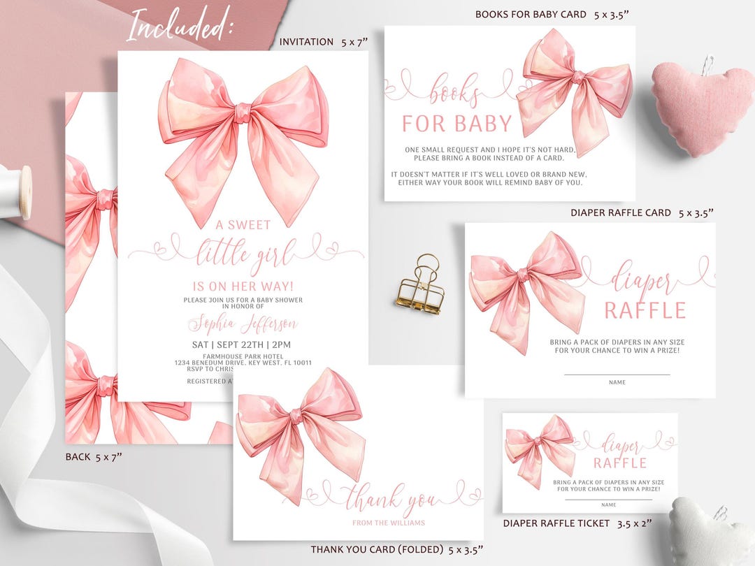 Blush Pink Bow Baby Shower Invitation Set: Watercolor Ribbon (EDITABLE ...