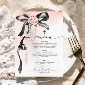Menú de Bautismo con Lazo Negro / Menú de Celebración con Rosario y Cinta (EDITABLE e IMPRIMIBLE) / Flores Rosa Ruborizado para Confirmación, Dedicación y Comunión