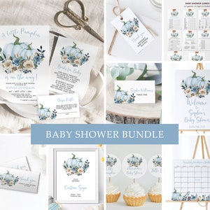 Blue Little Pumpkin Baby Shower Invitation Bundle, EDITABLE Printable Fall Autumn Boy Shower Template, Blue Baby Brunch Invitation and Games