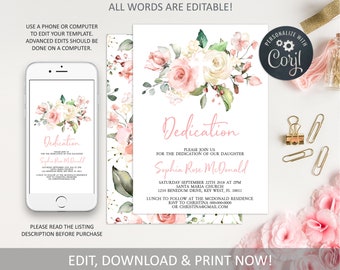 Blush Pink Floral Dedication Invitation: Editable Baptism Invite (INSTANT DOWNLOAD)