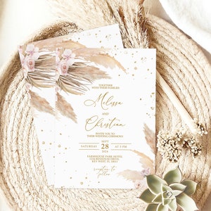 Pampas Grass Wedding Invitation, EDITABLE Template, Printable Gold Confetti & Pink Rose Wedding Invite, Bohemian Wedding Instant Download zdjęcie 8