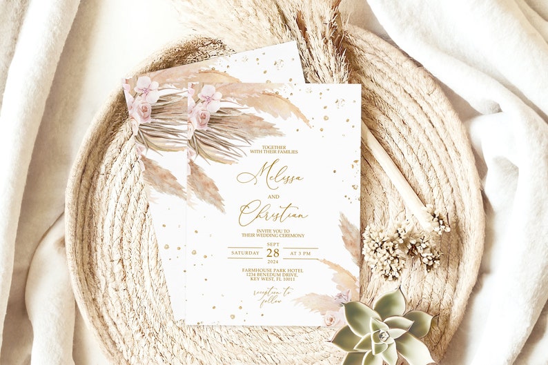 Pampas Grass Wedding Invitation, EDITABLE Template, Printable Gold Confetti & Pink Rose Wedding Invite, Bohemian Wedding Instant Download zdjęcie 8