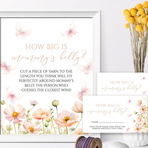 Jogo Borboletas: Qual o Tamanho da Barriga da Mamãe | Cartões de Respostas e Sinais para Chá de Bebê EDITÁVEIS | Design de Aquarela de Flores Silvestres Rosa e Pêssego