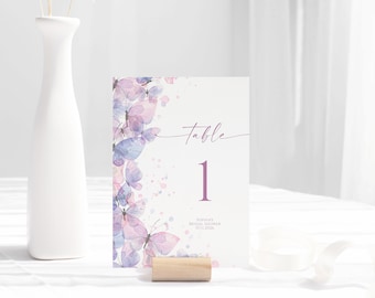 Boho Butterflies Table Numbers: Purple & Pink Watercolor (EDITABLE Template)