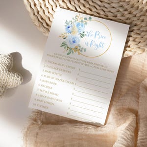 Jogo Blue Floral Price is Right | Modelo EDITÁVEL | Boho Blue Rose & Gold | Jogo de chá de bebê The Price is Right | Brunch Activ para impressão