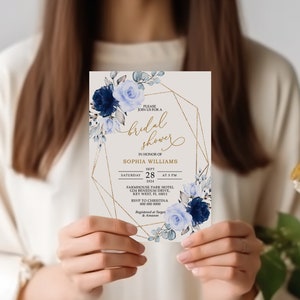 Navy Blue & Gold Frame Bridal Shower Invitation | EDITABLE Template | Printable Elegant Blue Rose Brunch Invite | Boho Dusty Blue Floral