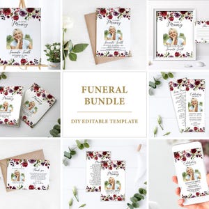 May include: A funeral bundle template with a floral design in burgundy and purple. The bundle includes a memorial sign, cards, and a mobile phone display, all featuring a photo and text.