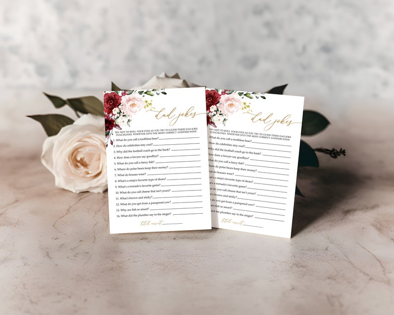 Marsala & Blush Pink Floral Dad Jokes Baby Shower Game, Funny Jokes and