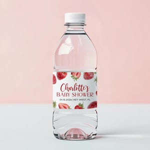 Étiquette de bouteille aux fraises MODIFIABLE | Modèle imprimable pour baby shower d'étiquettes d'eau florale de fruits rouges | Étiquette de bouteille d'eau personnalisée | TÉLÉCHARGER