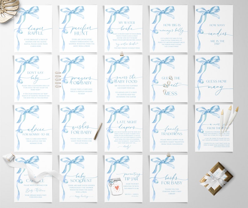 Blue Bow Baby Shower Games: Watercolor Ribbon (digital Download) - Etsy