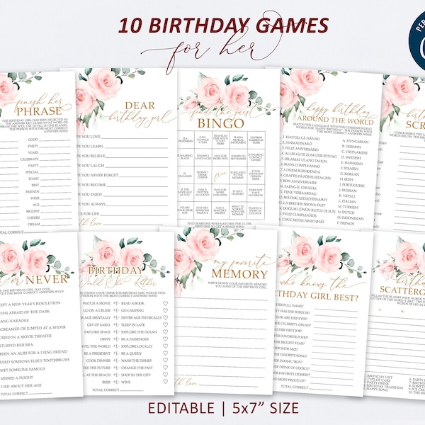 Blush Pink Flowers & Gold Frame Birthday Games for Her Set, EDITABLE Template, Elegant Women Birthday Games for Adults, Birthday Girl Bundle