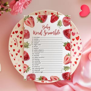 Jeu de Mots brouillés pour bébé aux fraises | Modèle imprimable de mots brouillés floraux aquarelle fruits rouges | Carte de jeu douche + réponses