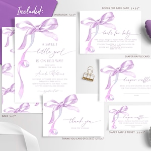 Conjunto de convites para chá de bebê com laço de lavanda | Convite de fita aquarela roxa EDITÁVEL | Modelo minimalista de granulados para bebês