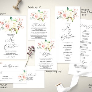 faire-part de mariage floral rose | Modèle d'invitation imprimable Boho MODIFIABLE | RSVP et carte de détails | Fleurs Rose crème | Téléchargement instantané