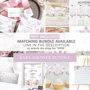 May include: A baby shower bundle with a butterfly theme. The bundle includes invitations, games, decorations, and a calendar. The colors are pink, purple, and green. The text on the image says "Baby Shower Games (17 games + 7 signs included)", "A Little Butterfly Is On The Way", "Books for Baby", "Mommy's Baby Shower", "Guest Lady's Wishes", and "Custom Sign".