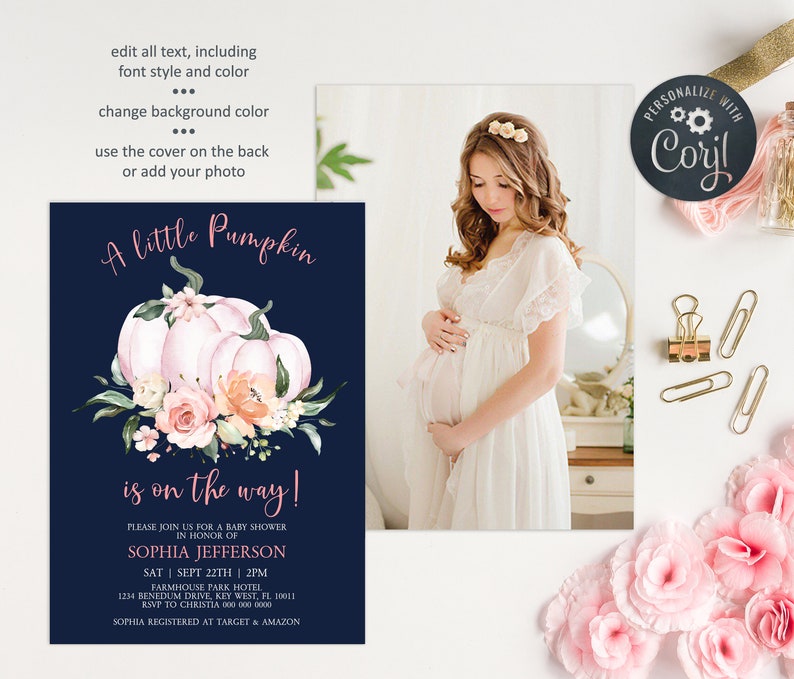 May include: A navy blue baby shower invitation with a pink and white pumpkin illustration and floral accents. The text reads "A little Pumpkin is on the way!" and includes the name Sophia Jefferson, the date and time of the shower, and the location. The invitation also includes the text "Sophia registered at Target & Amazon".