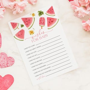 Watermeloenwensen voor babyshowerkaart | BEWERKBARE afdrukbare baby Keepsake-sjabloon | Zomerse douchekaart met aquarel schatthema