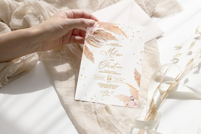 Pampas Grass Wedding Invitation, EDITABLE Template, Printable Gold Confetti & Pink Rose Wedding Invite, Bohemian Wedding Instant Download zdjęcie 6