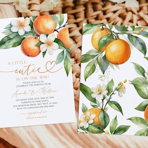 Eine kleine süße Babypartyeinladung | Bearbeitbare Orange Zitrus Blumenvorlage | Druckbare Gender Neutral Dusche einladen | Sommer Dusche Karte