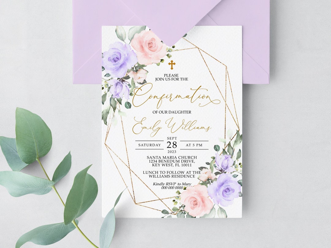 Blush Pink & Violet Flowers Confirmation Invitation, EDITABLE Template ...
