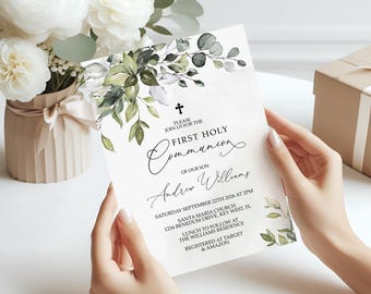Greenery First Communion Invitation: Boho Floral, Editable Template (Digital Download)