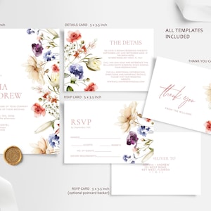 Wildflower Wedding Invitation Set | EDITABLE Printable Red & White Wild Flowers Wedding Template | Floral RSVP, Details, Thank You Card