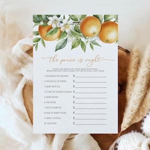 Juego "El precio justo" con flores cítricas y naranjas / Actividad para baby shower imprimible y editable / Tarjeta de juego con temática de belleza tropical, verano y bohemio