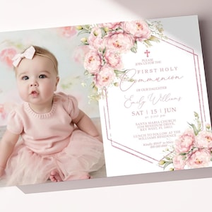 première invitation de communion | Modèle de baptême photo MODIFIABLE | Imprimable fleurs rose poudré et cadre doré rose | Carte de dédicace pour fille