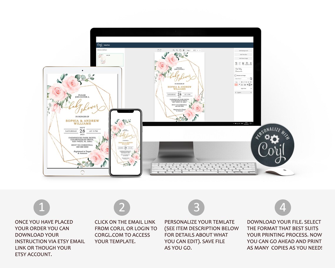 Floral Confirmation Invitation Template: Pink Flowers, Gold Frame ...