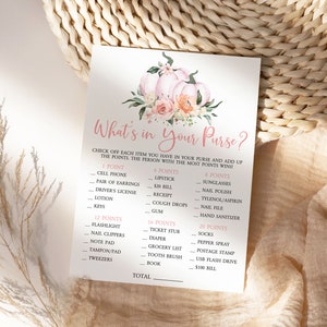 Pompoen Wat zit er in je portemonnee spel, BEWERKBAAR, afdrukbare babybrunch, herfst herfst douche sjabloon, blozen roze bloemen kaart, Instant Download