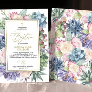 Sukkulenten Taufeinladung | EDITIERBARE Vorlage | Gold Neutral druckbare einladen | Florale Widmung, Taufe, Namenstag | HERUNTERLADEN