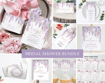 Elegant Purple Wisteria Bridal Shower Invitation Bundle, EDITABLE Purple Flowers Template, Printable Shower Invitation, Games & Decoration