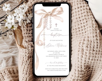Beige Bow Baptism Invitation Template | Watercolor Rosary Dedication e-Invite (Digital Download)