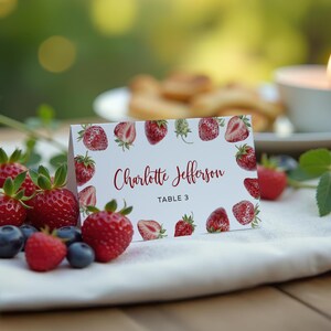 de marque-place aux fraises | Carte de table avec nom imprimable MODIFIABLE | carte de visite florale de douche de petits fruits rouges de Zazzle.be Liste d'envies Vous avez des idées ? TÉLÉCHARGER