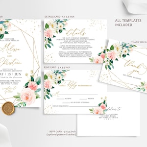 Boho Blush Pink Flowers Wedding Invitation Set | EDITABLE Printable Gold Frame Wedding Template | Rose Floral RSVP, Details, Thank You Card