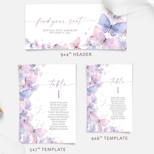 以下が含まれることがあります： 蝶をテーマにしたウェディングステーショナリーテンプレートのセット。デザインには、ヘッダー、5x7インチのテーブルカード、4x6インチのテーブルカードが含まれます。ヘッダーには「find your seat」と書かれており、SophiaとAndrewの名前と2026年9月16日の日付が含まれています。