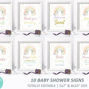 Ensemble de panneaux arc-en-ciel pour baby shower | Modèle personnalisé MODIFIABLE aquarelle pastel | Panneau imprimable saupoudrer d'étoiles dorées amusantes | Ensemble 8x10 et 5x7