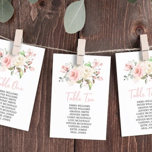 Blush roze bloemen zitplaatsen tabel kleine pagina's, BEWERKBAAR, boho Find Your Seat-kaarten, DIY Pretty Rose afdrukbare plansjabloon, Instant Download