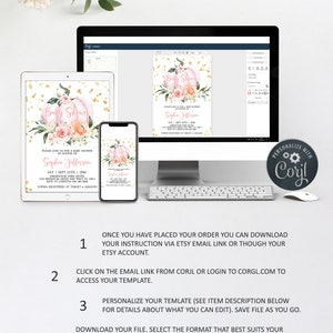 May include: A digital mockup of a printable baby shower invitation featuring a pink and white pumpkin with gold glitter. The text on the invitation reads "Baby Shower" and "Sophia Jefferson".